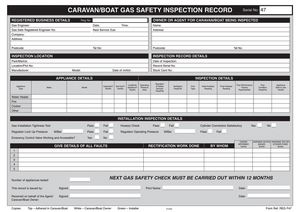 CARAVAN GAS INSPECTION RECORD PAD